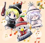  blonde_hair brown_hair chibi hat highres instrument keyboard_(instrument) lunasa_prismriver lyrica_prismriver merlin_prismriver multiple_girls musical_note pacifier silver_hair touhou trumpet violin white_hair yume_shokunin 