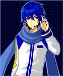  bad_id bad_pixiv_id blue_hair blue_nails blue_scarf headset kaito male_focus nail_polish nntn scarf solo upper_body vocaloid 
