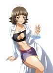  arm_support belt breasts brown_eyes brown_hair chouhi_ekitoku cleavage cleavage_cutout collarbone erlenmeyer_flask holding ikkitousen invisible_chair labcoat large_breasts miniskirt navel pencil_skirt shiny shiny_skin short_hair simple_background sitting skirt solo white_background 