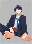  1boy barefoot feet looking_at_viewer male_focus penis pov school_uniform smirk solo student toes underwear undressing 