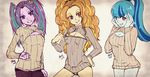  3girls adagio_dazzle aria_blaze blue_hair blue_skin blush breasts cleavage looking_at_viewer multiple_girls my_little_pony my_little_pony_equestria_girls orange_hair ponytail purple_eyes purple_hair purple_skin sonata_dusk sweater twintails wide_hips 