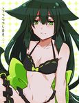  bikini black_bikini blush bow breasts cleavage frilled_bikini frills gatchaman gatchaman_crowds green_eyes green_hair hair_ribbon leg_garter long_hair navel ribbon small_breasts solo swimsuit translation_request utsutsu very_long_hair 