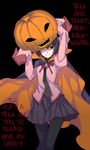  1girl black_eyes black_hair cape empty_eyes ginta halloween hard_translated jack-o&#039;-lantern jack-o'-lantern monogatari_(series) oshino_ougi owarimonogatari pantyhose school_uniform short_hair sleeves_past_wrists translated trick_or_treat 