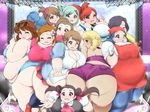  ass bandanna belly black_hair blonde_hair blue_eyes blue_hair blush breasts brown_eyes brown_hair character_request cleavage eyes_closed fat huge_ass kurokaze_no_sora large_breasts looking_back multiple_girls pokemon purple_eyes red_hair sweat thick_thighs 
