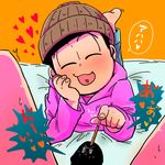  beanie between_legs censored chin_rest eyes_closed hat heart heart_in_mouth hood hoodie lying male_focus matsuno_todomatsu multiple_boys on_bed on_stomach osomatsu-kun osomatsu-san pocky smile solo_focus urethral_insertion yaoi 