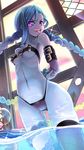  arms_behind_back beltbra bikini_bottom blue_hair breasts jinx_(league_of_legends) league_of_legends looking_at_viewer navel phandit_thirathon single_thighhigh standing_in_water stomach tongue_out twin_braids water 