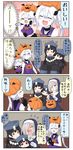  4koma :d :o ^_^ alternate_costume bare_shoulders black_hair blue_eyes blush chibi closed_eyes comic commentary_request destroyer_hime hair_ornament hair_over_one_eye hairclip halloween halloween_costume hamakaze_(kantai_collection) hat heart highres isokaze_(kantai_collection) jack-o'-lantern jiangshi kantai_collection long_hair multiple_girls nun ofuda open_mouth ponytail puchimasu! red_eyes shinkaisei-kan short_hair side_ponytail silver_hair sleeveless smile sweat translated wavy_mouth white_hair yuureidoushi_(yuurei6214) 