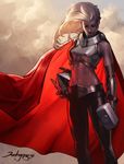  blonde_hair bridal_gauntlets cape hammer headwear_removed helmet helmet_removed jane_foster jee-hyung_lee marvel midriff navel sleeveless solo stomach sunset thor_(marvel) thor_(series) 