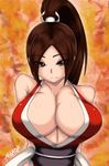  1girl bare_shoulders belt breasts brown_hair collarbone fatal_fury female fenrox huge_breasts king_of_fighters long_hair looking_at_viewer ponytail satisfied shiny_skin shiranui_mai snk solo standing the_king_of_fighters toned upper_body 