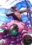  1boy 1girl arrow beard black_hair bow_(weapon) d.va d.va_(overwatch) facial_hair hana_song hanzo_(overwatch) hanzo_shimada mecha overwatch quiver tattoo weapon yy6242 