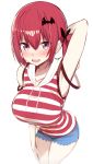  1girl absurdres arm_behind_head arm_up armpits bangs bare_arms bare_shoulders bat_hair_ornament blue_shorts breasts collarbone cowboy_shot drawstring eyebrows_visible_through_hair gabriel_dropout greatmosu green_shirt hair_between_eyes hair_ornament highres hood hood_down hoodie kurumizawa_satanichia_mcdowell large_breasts leaning_forward looking_at_viewer perspective purple_eyes red_hair red_shirt shirt short_hair short_shorts shorts sidelocks simple_background sleeveless sleeveless_shirt solo standing striped striped_shirt thighs v-shaped_eyebrows white_background 