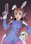  animal_ears blush bodysuit brown_hair bunny_ears covered_navel d.va d.va_(overwatch) facial_mark gun hana_song hand_on_hip headphones long_hair looking_at_viewer open_mouth overwatch rke solo sweat sweatdrop tongue_out weapon 