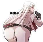  1girl arc_system_works ass belt bodysuit cameltoe candy from_behind gloves guilty_gear guilty_gear_xrd guilty_gear_xrd:_revelator huge_ass jack-o_(guilty_gear) lollipop long_hair looking_back multicolored_hair red_eyes red_hair silver_hair solo 