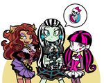  artist_request black_hair breasts brown_hair clawdeen_wolf cleavage crossed_arms draculaura earrings eyeshadow fangs frankie_stein heterochromia jewelry makeup monster_girl monster_high pink_eyes pointy_ears stitches sukaponta vampire werewolf yellow_eyes 