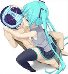  1girl black_legwear black_skirt blue_eyes blue_hair clothed_female_nude_male grey_shirt hair_ornament hatsune_miku licking long_hair nipples nude object_on_head open_clothes open_shirt panties panties_on_head papino pleated_skirt pussy_juice_stain shirt short_hair simple_background skirt striped striped_panties thighhighs tongue twintails underwear vocaloid white_background 