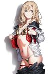  1girl blonde_hair character_request copyright_request long_hair saitou_masatsugu school_uniform skirt solo swimsuit tagme undressing 