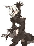  1girl arm_up black_dress black_gloves blindfold breasts cleavage cleavage_cutout dress gloves mole mole_under_mouth nier nier:_automata panties pantyshot_(standing) pose puffy_sleeves rtil side_slit silver_hair sketch thighhighs underwear white_panties yorha_no.2_type_b 