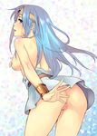  1girl ass belt blue_eyes blue_hair blush bracelet breasts calpis chunsoft covering covering_breasts dragon_quest dragon_quest_iii dress enix heart jewelry long_hair looking_back no_panties npt_(calpis) pussy sage_(dq3) solo topless uncensored 