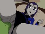  1boy 1girl anal bare_legs beast_boy bed clothed_sex dc_comics grey_skin hetero leotard lying penis pillow purple_eyes purple_hair pussy raven_(dc) sex short_hair solo_focus sweat teen_titans vaginal 