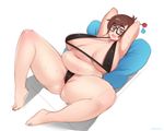  1girl areola_slip areolae belly bikini black_bikini breasts brown_hair cameltoe deeezel female glasses large_breasts looking_at_viewer mei-ling_zhou mei_(overwatch) navel overwatch plump sagging_breasts solo spread_legs stomach sweat swimsuit thong_bikini 