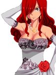  1girl breasts dress earring erza_scarlet fairy_tail flower gloves large_breasts necklace red_hair smile 