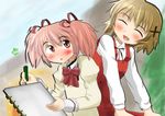  blonde_hair commentary_request hidamari_sketch kaname_madoka mahou_shoujo_madoka_magica multiple_girls pink_hair ribbon school_uniform short_hair short_twintails smile twintails yuno 