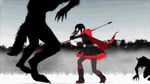  3d animated animated_gif battle boots cape death fighting frilled_skirt frilled_sleeves frills gothic_lolita hood lolita_fashion monster monty_oum moon pantyhose petals rose_petals ruby_rose rwby scythe short_hair skirt snow wolf 