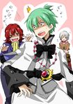  1girl 2boys ange_serena cosplay eyes_closed green_hair grey_eyes grey_hair iria_animi jacket multiple_boys red_eyes red_hair ruca_milda short_hair spada_belforma tales_of_(series) tales_of_innocence 