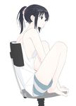  aspara bangs barefoot black_hair chair closed_mouth commentary_request expressionless feet_up from_side hair_ornament hair_scrunchie highres looking_to_the_side loungewear original ponytail scrunchie shorts sidelocks simple_background sitting solo tank_top white_background 