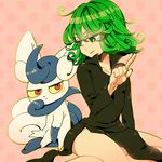  2girls anger_vein bare_legs covered_navel crossover dress female green_eyes green_hair homura-m meowstic multiple_girls nintendo one-punch_man pokemon red_eyes simple_background solo tatsumaki white_background 