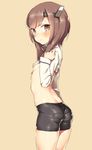  aida_takanobu ass bike_shorts blush brown_eyes brown_hair female flat_chest headband headgear kadokawa_shoten kantai_collection looking_at_viewer lowleg lowleg_panties midriff panties pantylines sideboob simple_background solo standing taihou_(kantai_collection) thighs underwear yellow_background 