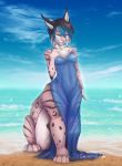  2019 beach black_hair blue_eyes blue_hair breasts catnamedfish day detailed_background digital_media_(artwork) felid feline female hair mammal nipples outside paws sand seaside sitting sky smile solo taur water 