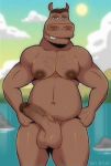  2019 anthro balls belly biceps big_penis body_hair chest_hair common_hippopotamus detailed_background digital_media_(artwork) dreamworks erection facial_hair hands_on_hips hi_res hippopotamid humanoid_penis looking_at_viewer madagascar male mammal moto_moto musclegut muscular muscular_male navel nipples nude overweight overweight_male pecs penis sin_bruh smile solo standing stocky unibrow vein 