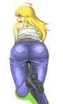  ass bare_shoulders blonde_hair blush boots denim denim_jeans from_behind green_eyes hoshii_miki idolmaster jeans long_hair looking_back open_mouth pants pantylines solo 