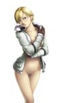  1girl blonde_hair blue_eyes blush breast_press breasts censored coat covering female gloves highres large_breasts legs looking_at_viewer mosaic_censoring navel no_bra no_panties pussy resident_evil resident_evil_6 sherry_birkin short_hair simple_background solo standing sweat thighs thor_(deep_rising) white_background 