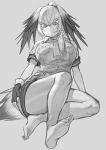  1girl arm_at_side arm_support bangs bare_arms bird_tail breast_pocket cinko17817 closed_mouth collared_shirt expressionless eyebrows_visible_through_hair fingerless_gloves full_body gloves greyscale hair_between_eyes hair_intakes kemono_friends knee_up leaning_back legwear_under_shorts long_hair looking_down low_ponytail monochrome multicolored_hair necktie no_shoes pantyhose pocket shirt shoebill_(kemono_friends) short_sleeves shorts side_ponytail sitting soles solo toes twisted_torso 