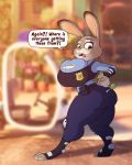 2019 absurd_res badge big_breasts big_butt big_thighs breast_expansion breasts butt butt_expansion clothed clothing dart digital_media_(artwork) disney expansion female fur hi_res huge_breasts judy_hopps lagomorph mammal open_mouth police_uniform purple_eyes rabbit short_stack solo stunnerpony text thick_thighs uniform voluptuous wide_hips zootopia 