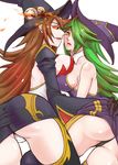  2girls alternate_color alternate_hair_color arc_system_works artist_request ass ass_grab bare_shoulders black_panties black_sclera blazblue breast_press breasts brown_hair deep_skin detached_sleeves dual_persona evil_smile green_hair hair_over_one_eye hat konoe_a_mercury large_breasts long_hair multiple_girls orange_eyes panties pantyshot phantom_(blazblue) shiny shiny_skin skirt smile thighhighs thong underwear white_panties witch_hat yellow_eyes yuri 