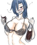  alcohol blue_hair blush breasts cleavage drunk looking_at_viewer red_eyes skullgirls valentine_(skullgirls) 
