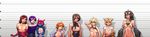  6+girls ahoge animal_ears areolae bare_shoulders blonde_hair blue_eyes blush braid breasts breasts_outside brown_eyes brown_hair bust_chart elementrexx fang flat_chest fox_ears green_eyes long_hair looking_at_viewer multiple_girls navel nipple_piercing nipples nude open_clothes parted_lips pointy_ears purple_eyes purple_hair red_hair short_hair small_breasts smile standing tears 