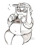  1girl artist_request belly eating fat food hamburger inkling monochrome navel pointy_ears splatoon thick_thighs 