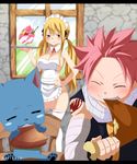  1girl apron blonde_hair blush breasts fairy_tail food gaston18 happy_(fairy_tail) ice_cream large_breasts lucy_heartfilia maid_headdress naked_apron natsu_dragneel pink_hair 