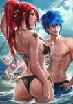  2girls 3boys abs animal arms_up artist_name ass ball beach beachball bikini bird black_bikini blue_bikini blue_hair blue_sky breasts drinking_straw erza_scarlet fairy_tail gray_fullbuster hand_in_hair hand_in_pocket hand_on_hip jellal_fernandes lucy_heartfilia midriff multiple_boys multiple_girls muscle nail_polish natsu_dragneel navel nipples ocean parted_lips pink_hair ponytail red_hair sakimichan shirtless sideboob sitting sky swim_trunks swimsuit tattoo wading water water_drop 