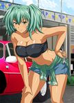  breasts car cleavage cloud collarbone day denim denim_shorts eyebrows eyebrows_visible_through_hair green_eyes green_hair ground_vehicle hand_on_hip hand_on_own_knee ikkitousen large_breasts leaning_forward long_hair motor_vehicle navel outdoors ryofu_housen shiny shiny_skin short_shorts short_twintails shorts smile solo strapless twintails 