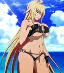  1girl beach bikini blonde_hair bra breasts female huge_breasts large_breasts panties red_eyes screencap shikishima_mirei sideboob solo standing stitched swimsuit underwear valkyrie_drive valkyrie_drive_-mermaid- 