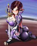  1girl :p armor ass blush bodysuit boots breasts brown_hair cape cleavage fingerless_gloves fiora_laurent gauntlets gloves high_collar high_heel_boots high_heels league_of_legends naughty_face nightraven_fiora red_eyes seductive_smile short_hair sirat smile solo sword weapon 