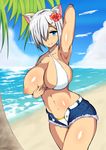  1girl animal_ears areolae armpits beach bikini blue_eyes bra breast_slip breasts cat_ears exlic female flower hair_ornament hair_over_one_eye hamakaze_(kantai_collection) highres kantai_collection large_breasts looking_at_viewer nipples ocean outdoors panties pants puffy_nipples short_hair smile solo standing summer swimsuit underwear white_bikini 