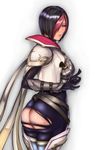  1girl armor artist_request ass black_hair blue_eyes blush breastplate breasts fiora_laurent from_behind gauntlets hoshara league_of_legends multicolored_hair red_hair short_hair skin_tight solo spaulders torn_clothes 