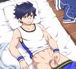  1boy bandaid bandaid_on_nose bed blue_eyes blue_hair erection idolmaster idolmaster_side-m male_focus masturbation oto_hu02 pants_down penis plaster pubic_hair solo taiga_takeru wristband 