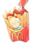  bald chips doudoude_dou food french_fries hood hoodie jumper male_focus mcdonald&#039;s mcdonald's one-punch_man potato saitama_(one-punch_man) solo tomato_sauce 